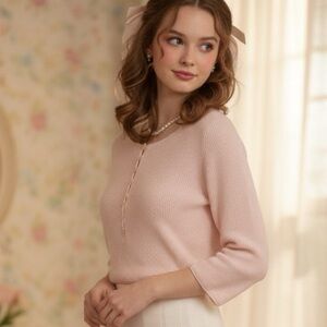 VTG LL Bean size M blush cashmere waffle Henley button sweater feminine Y2K